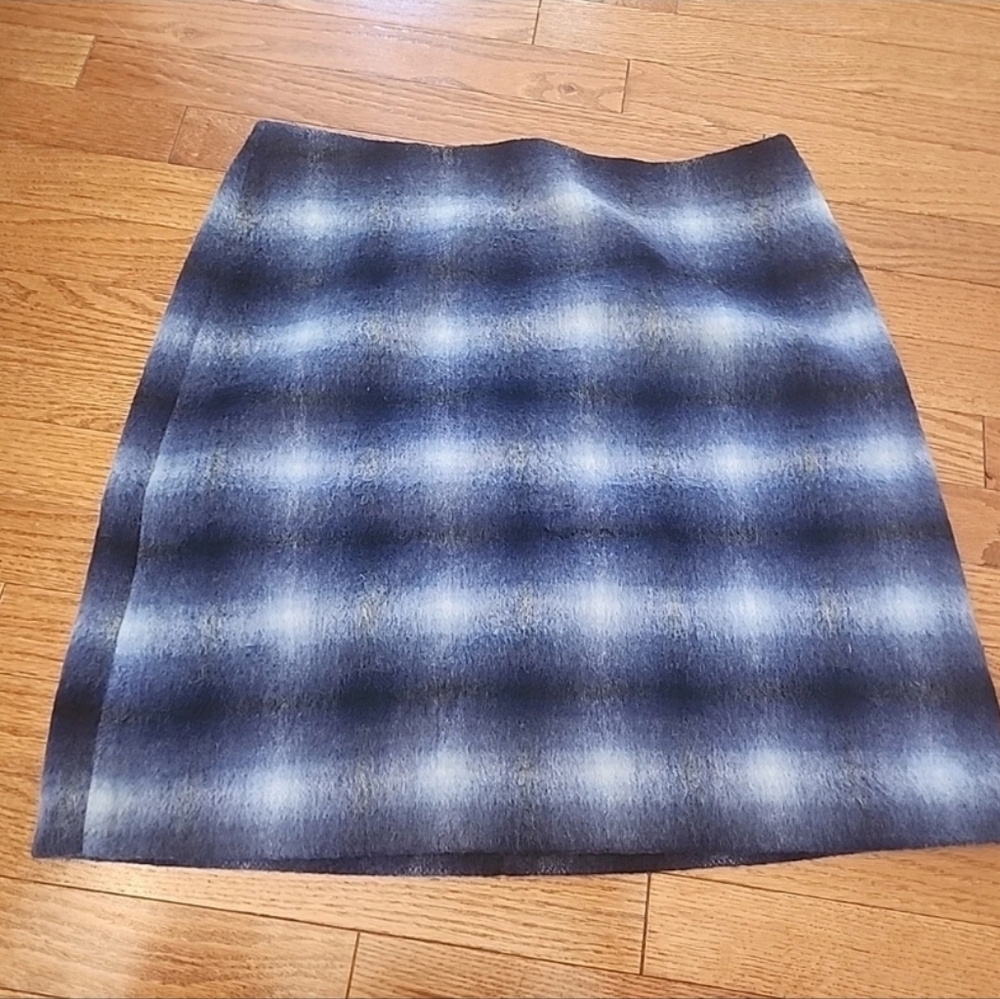 Catherine Malandrino Skirt Blue Wool Blend Brushed Plaid Tartan Size 12